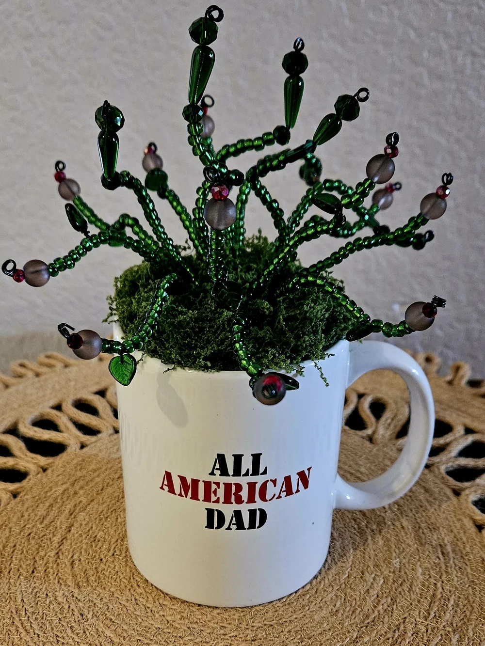 All American Dad White Ceramic Mug with Green Beaded Succulent